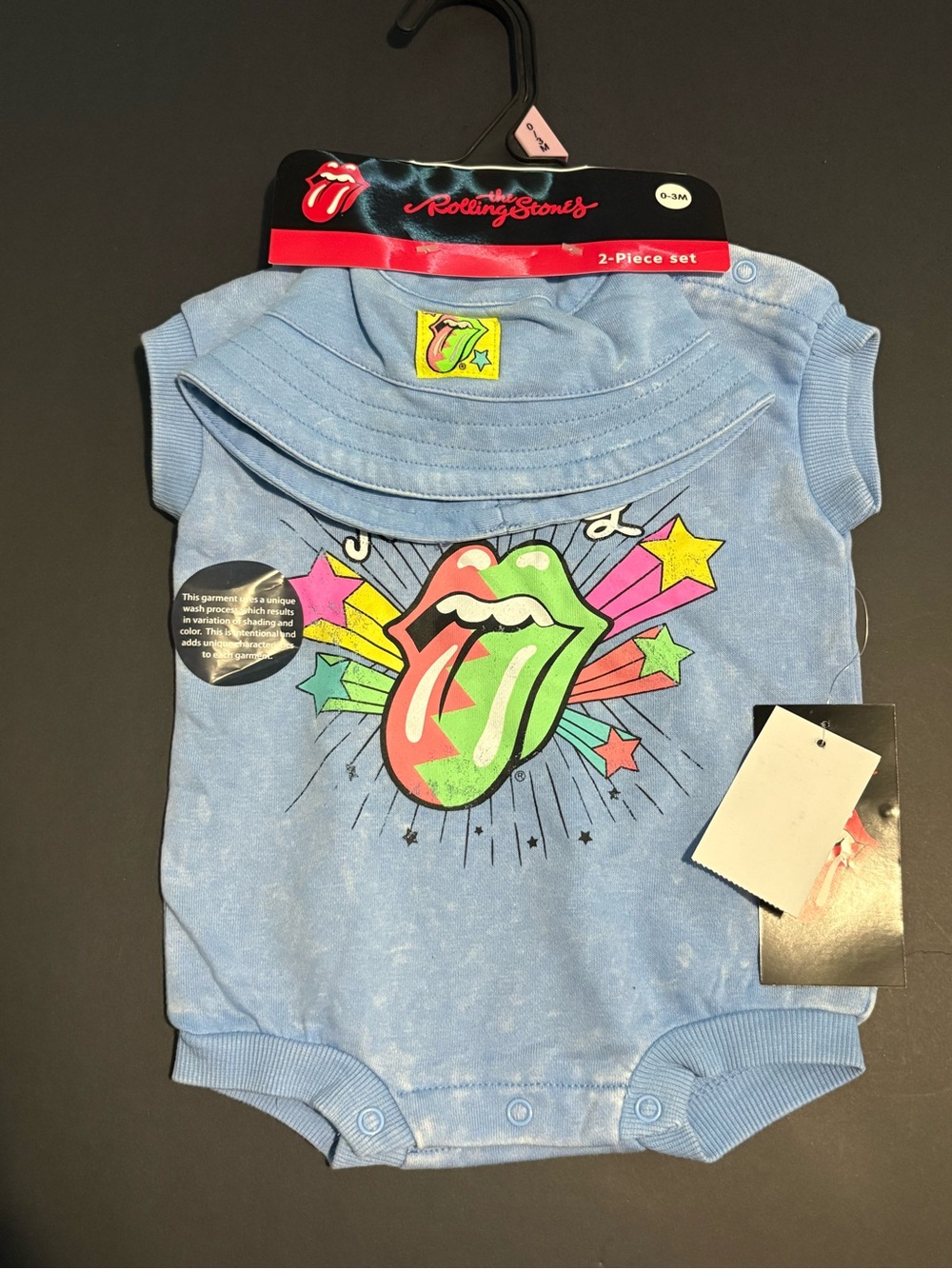 the Rolling Stones Light Blue Baby One Piece with Matching Bucket Hat